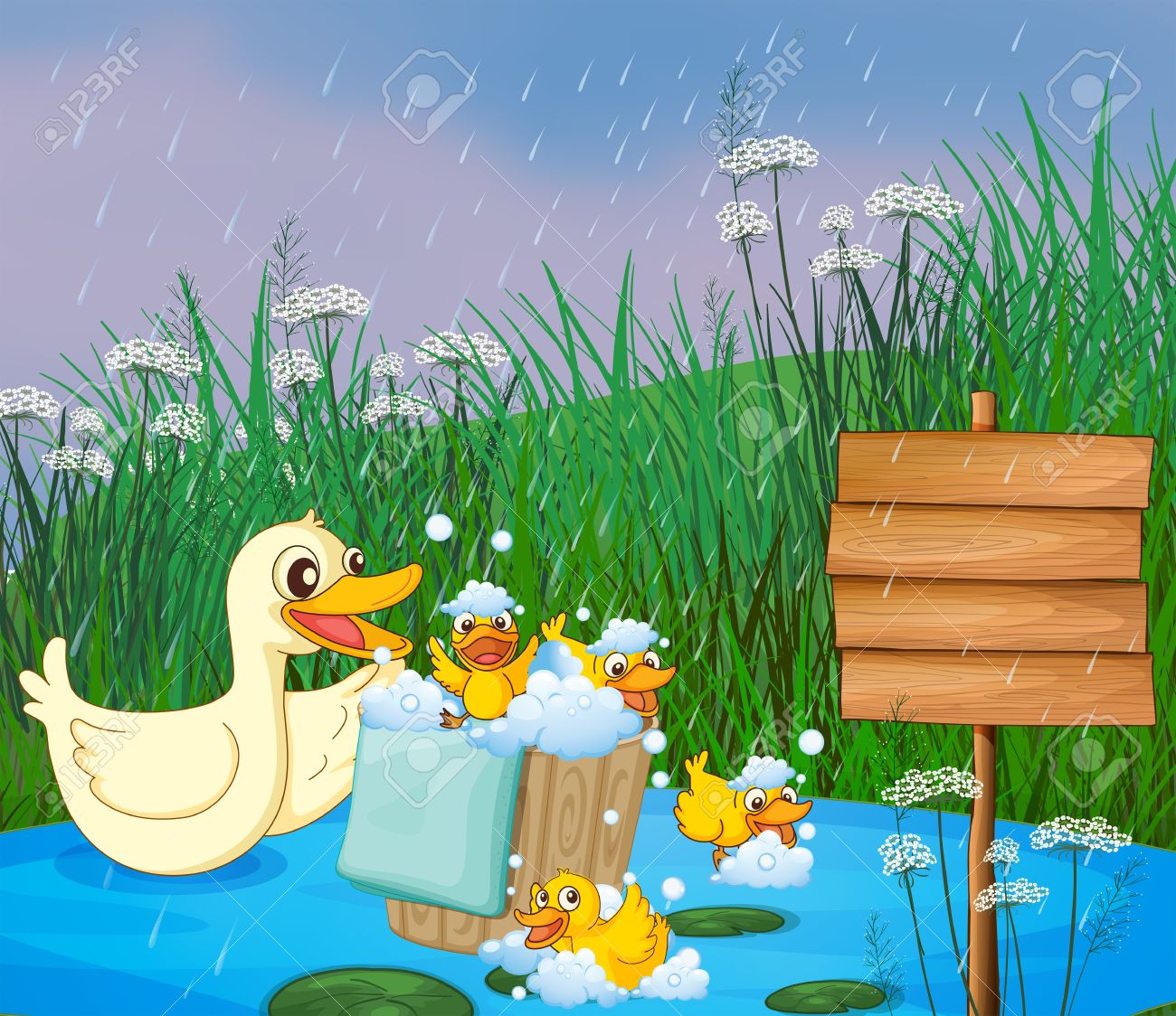 Illustration of a mother duck with her ducklings playing under the rain royalty free svg cliparts vectors and stock illustration image