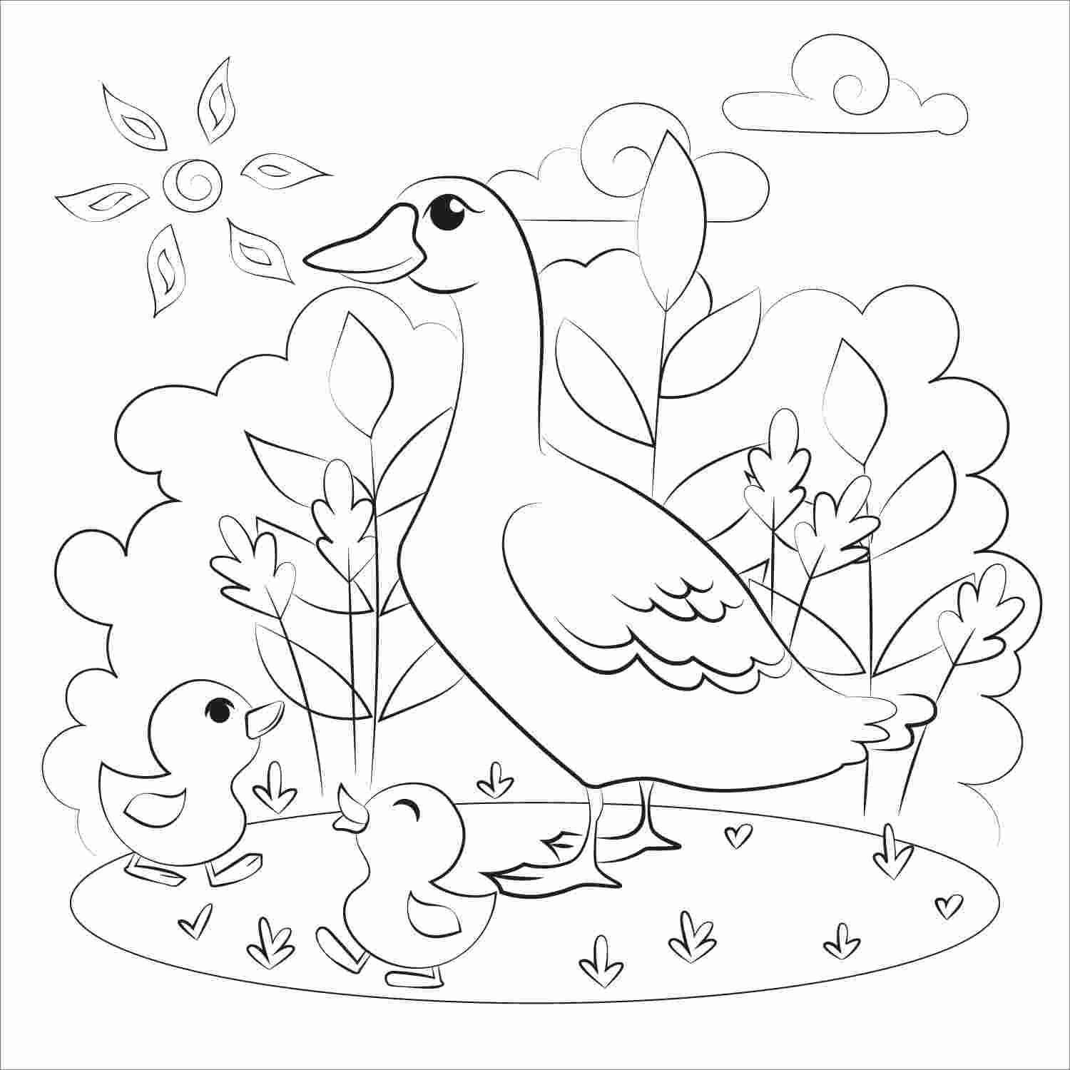 Dibujo de madre pato y patitos dando vueltas en el dãa soleado para colorear