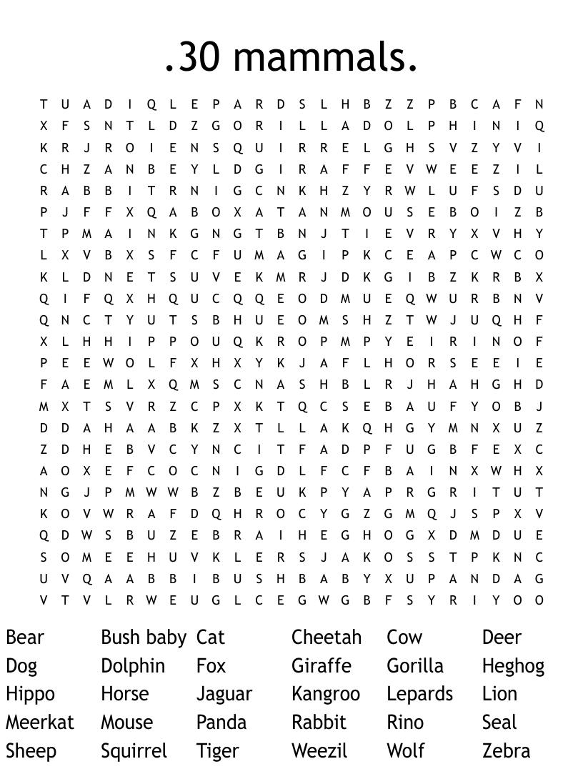 Mammals word search