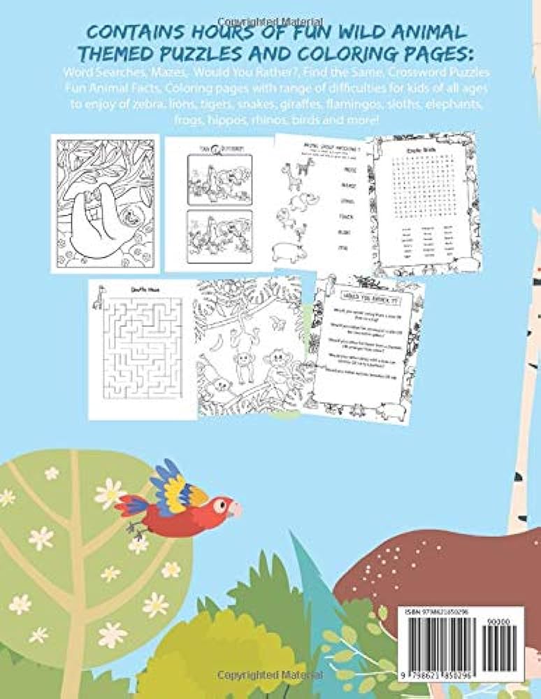 Wild animal coloring and activity book for kids fun jungle and safari themed word searches would you rather questions mazes interesting animal facts matching and more river breeze press books