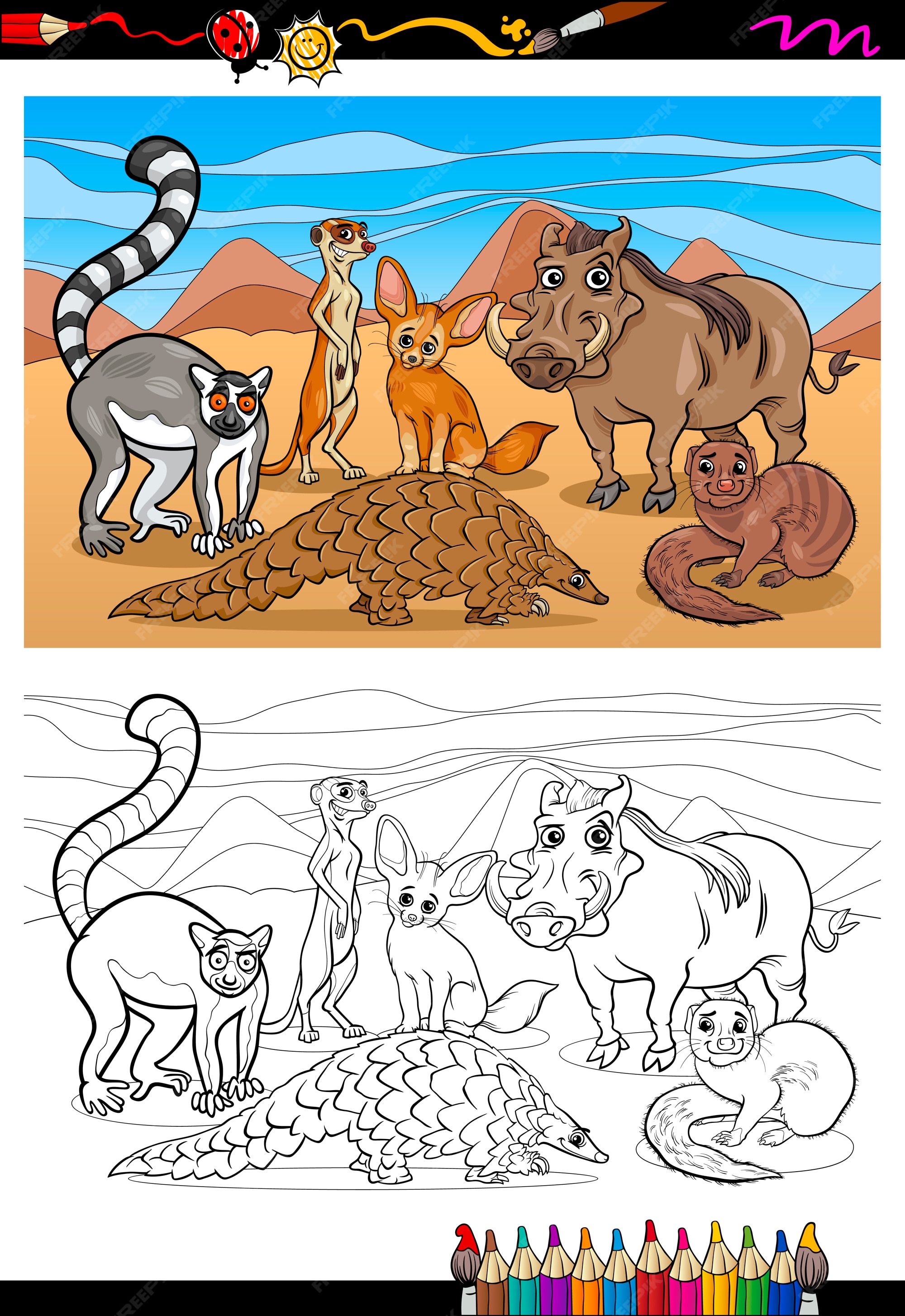 Premium vector african mammals cartoon coloring book