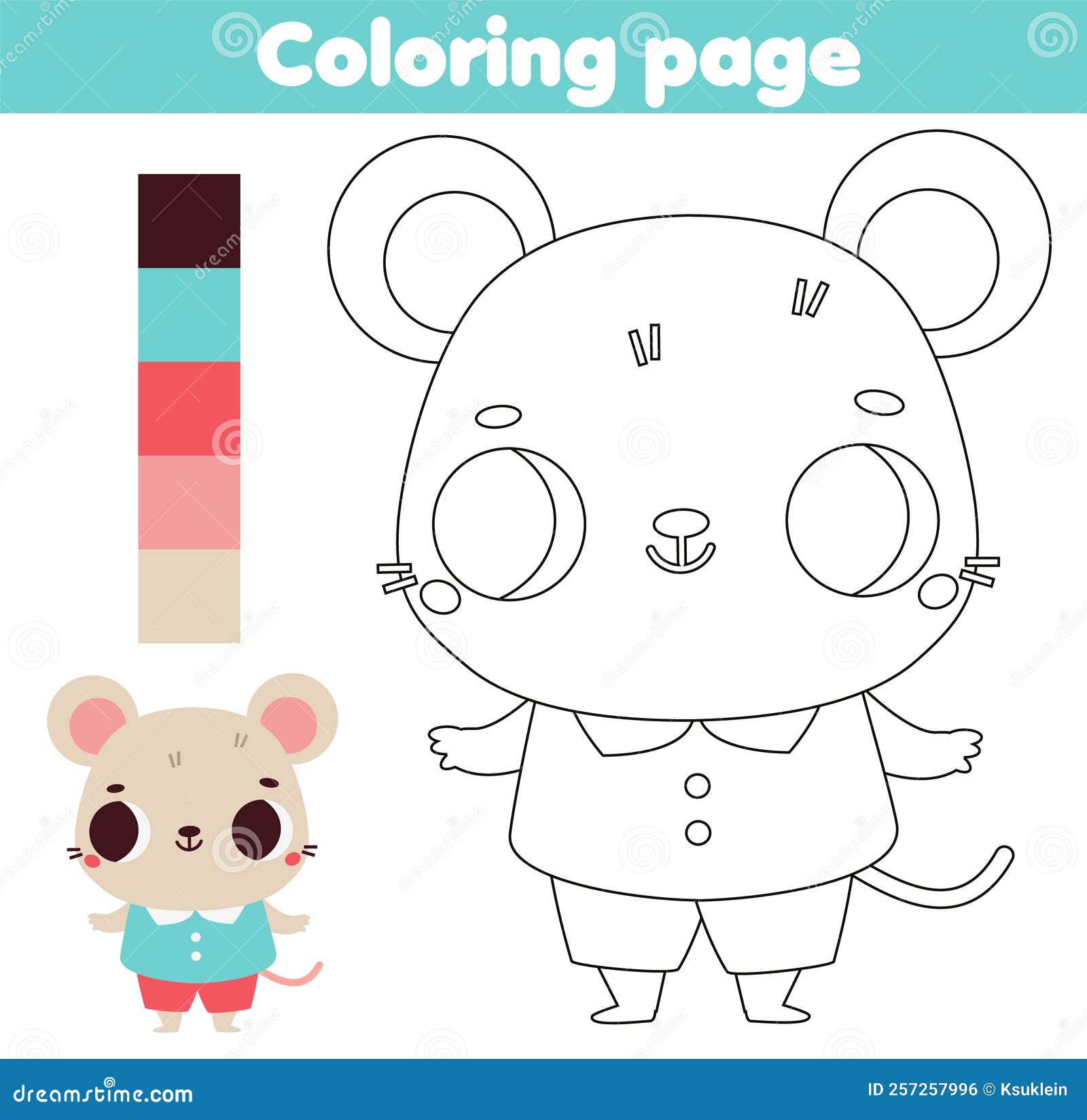 Coloring page with cartoon cute mouse animals theme drawing kids activity printable fun for toddlers and children stock vector