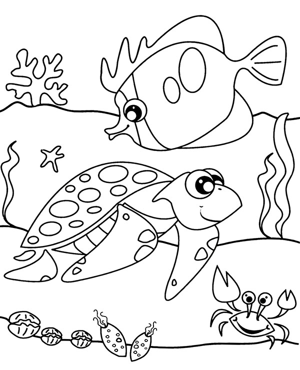 Fish and tortoise easy coloring page