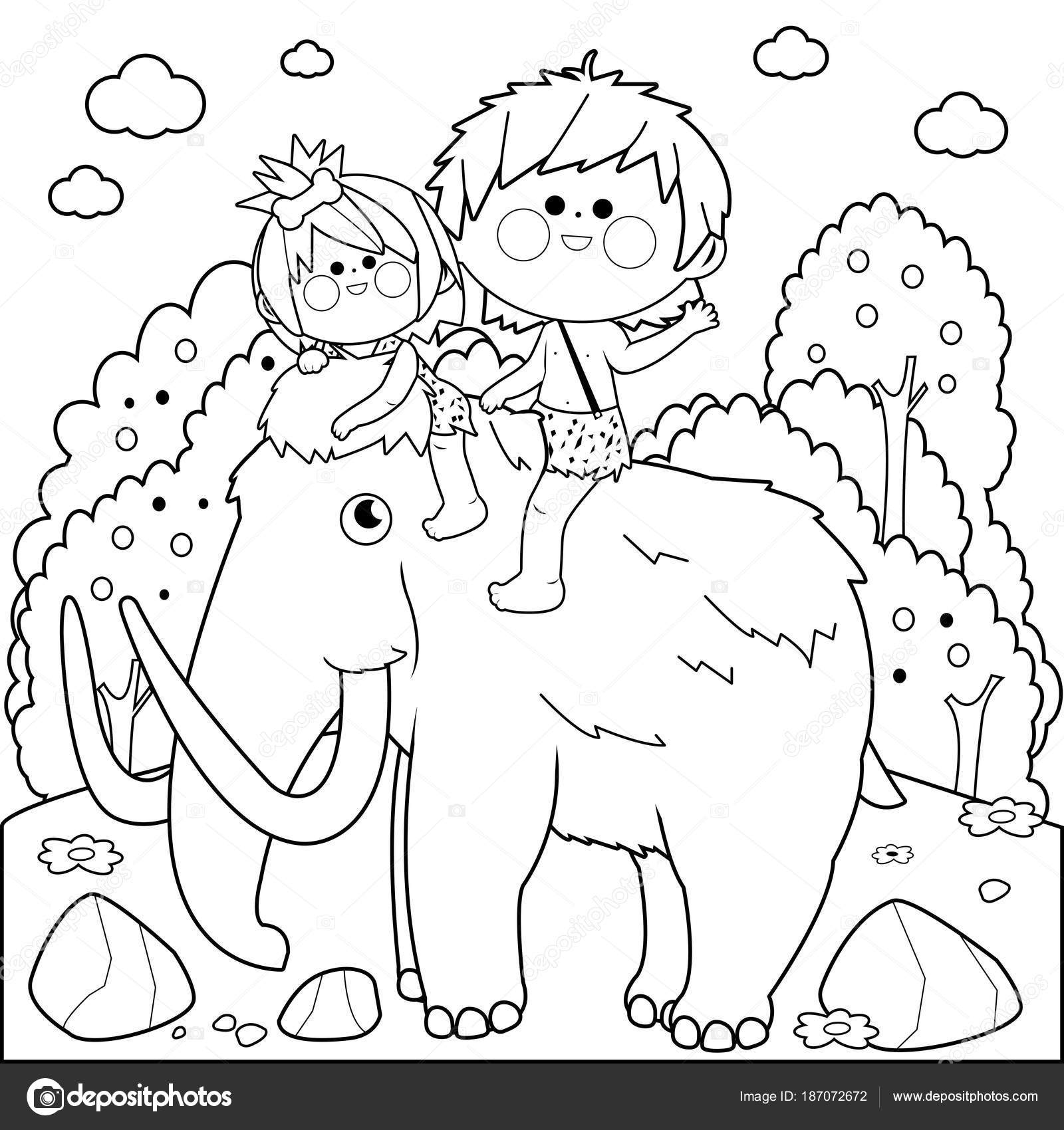 Prehistoric landscape with children riding a mammoth black and white coloring book page stock vector by stockakia