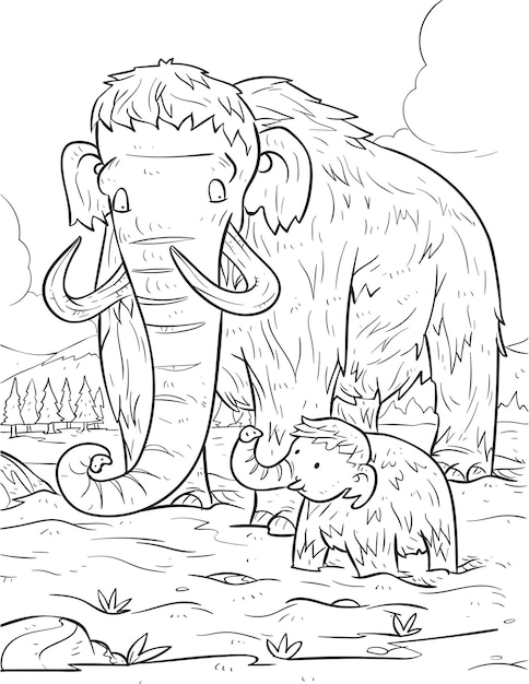 Premium vector beautiful black and white hand drawing mammoth with calf coloring pages and coloring book for kids