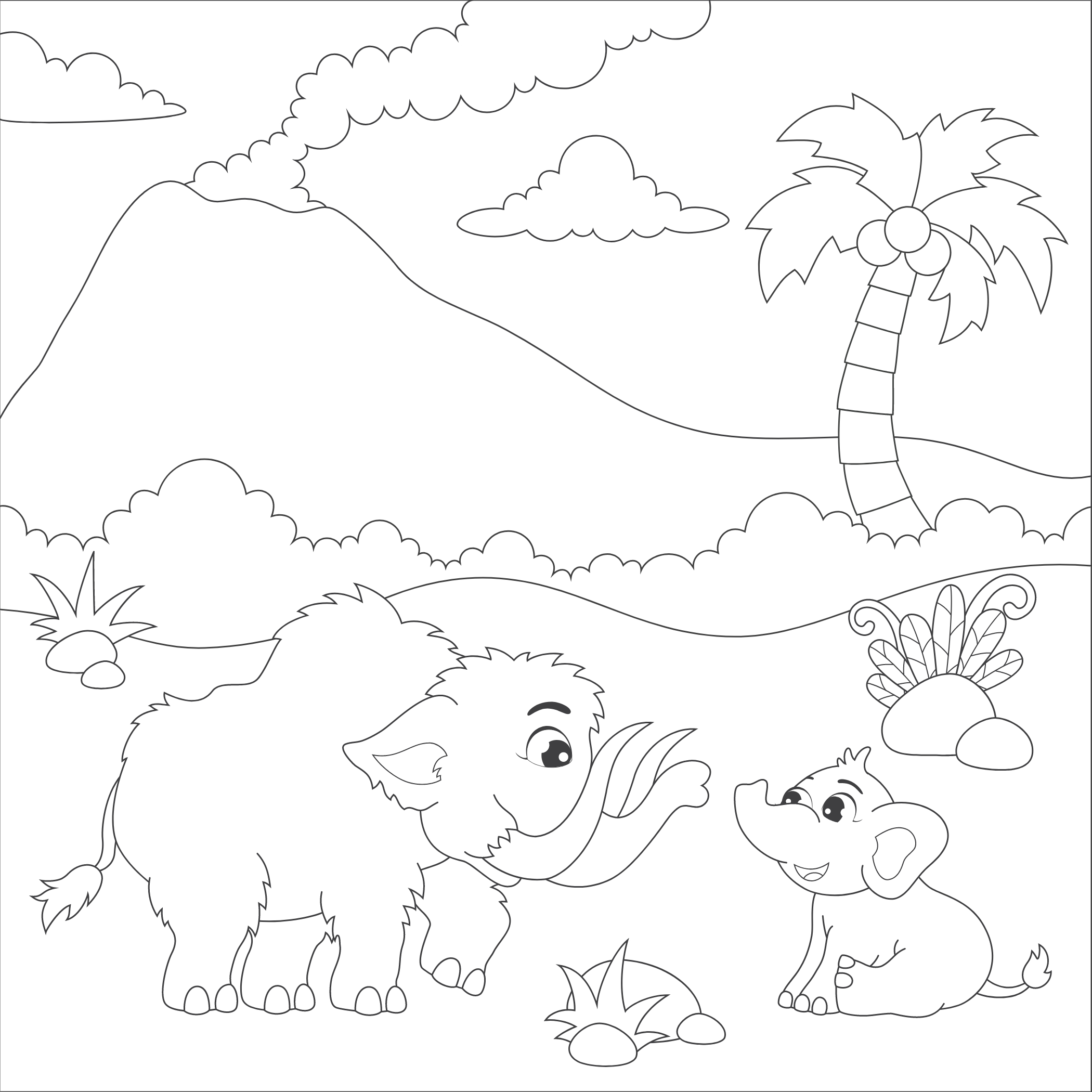 Elephant and mammoth near a volcano coloring page