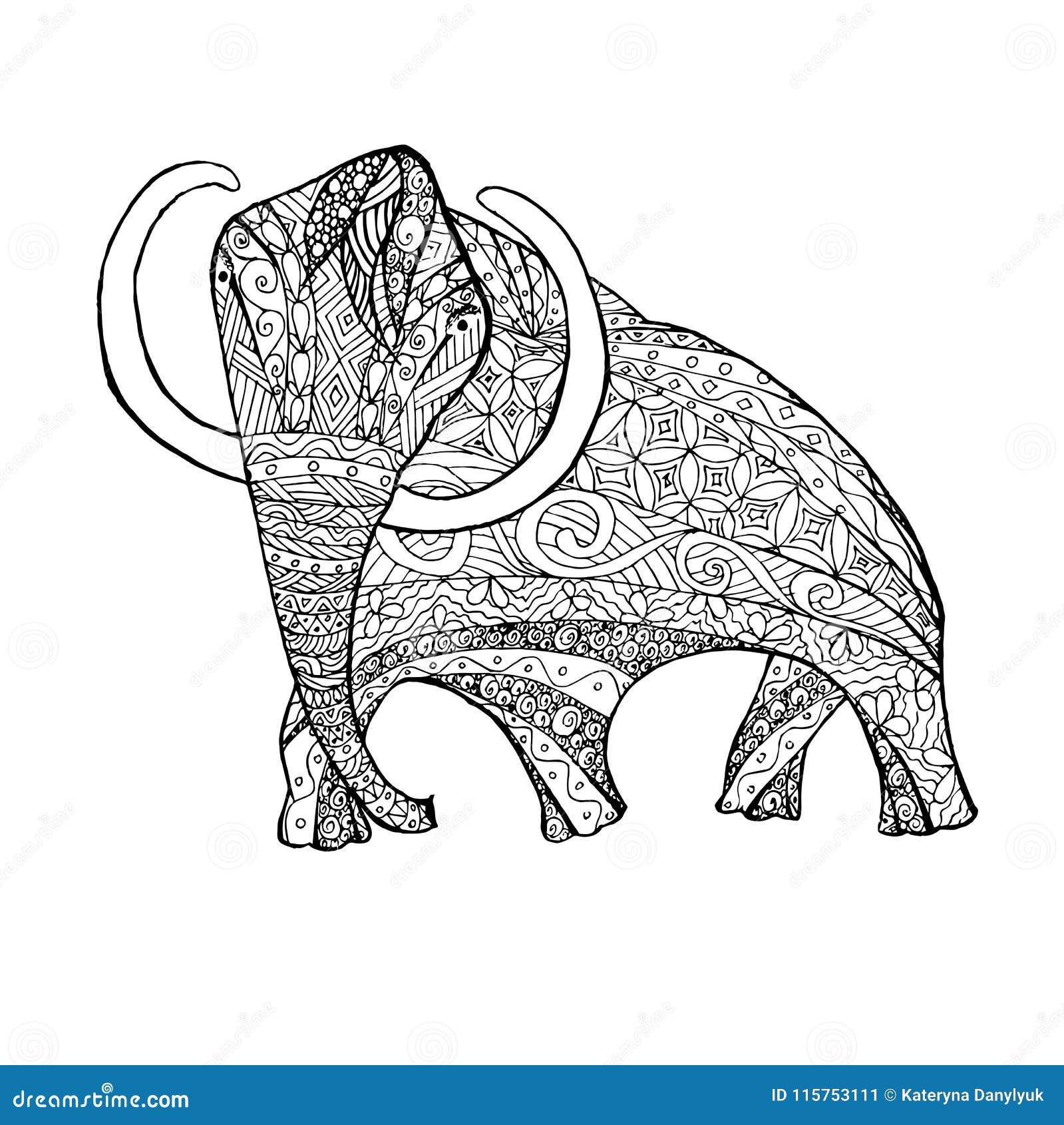 Zentangle style monochrome sketch mammoth coloring page stock vector