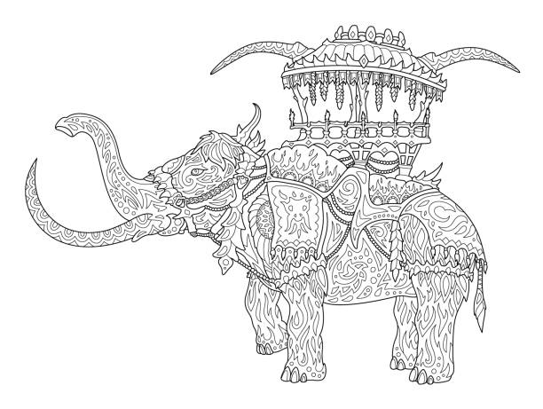 Line art for coloring book with rideable mammoth stock illustration