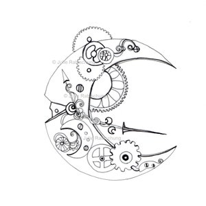 Steampunk moon coloring pagedigital coloring pageprintable moon coloring pageadult coloringblack and white lineart