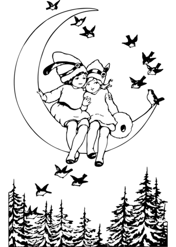 Girls are sitting on a crescent moon coloring page free printable coloring pages