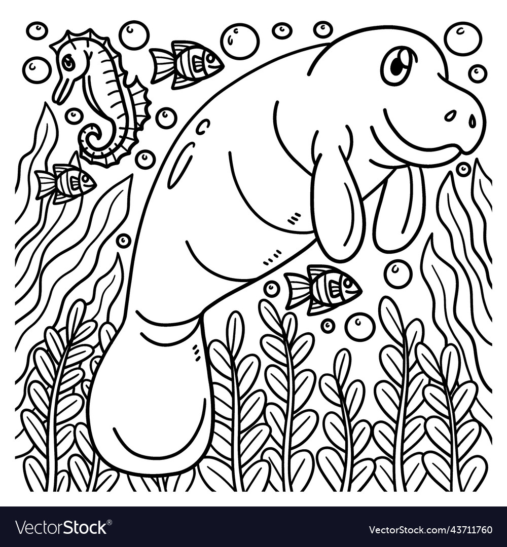 Manatee coloring page for kids royalty free vector image