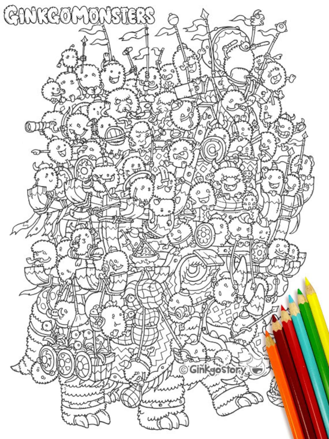 Caravan monsters coloring pages diy digital printable colouring pages ginkgo monsters series adult coloring pages