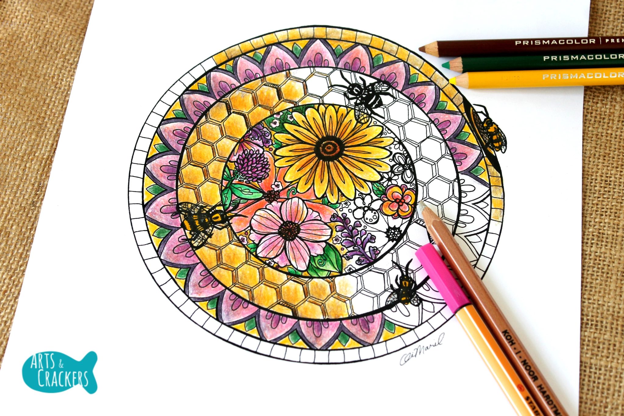 Free honey bee hive mandala adult coloring page