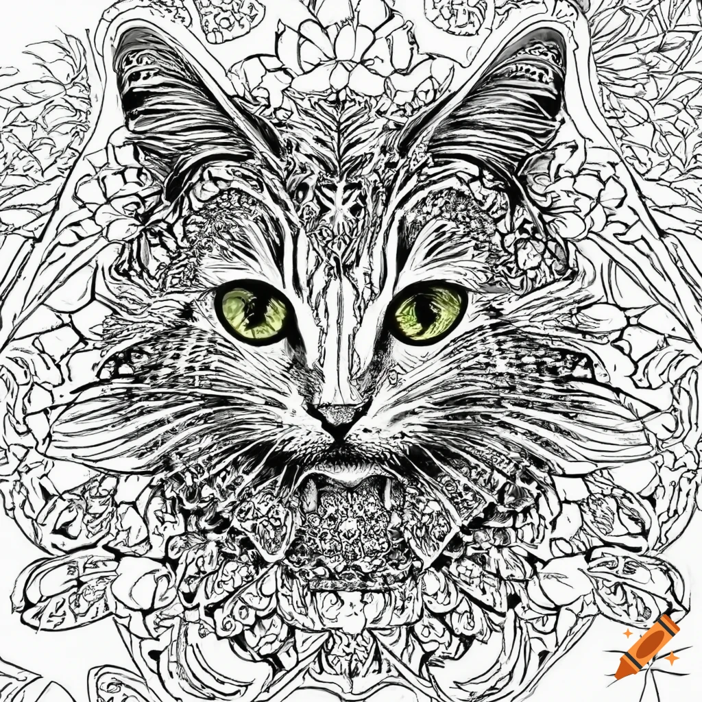 Black and white mandala cat coloring page on