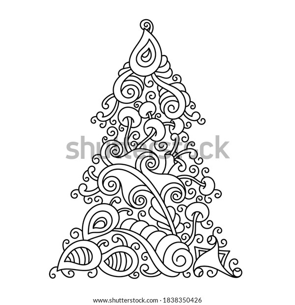 Vektor stok coloring page christmas tree handdrawn doodl tanpa royalti