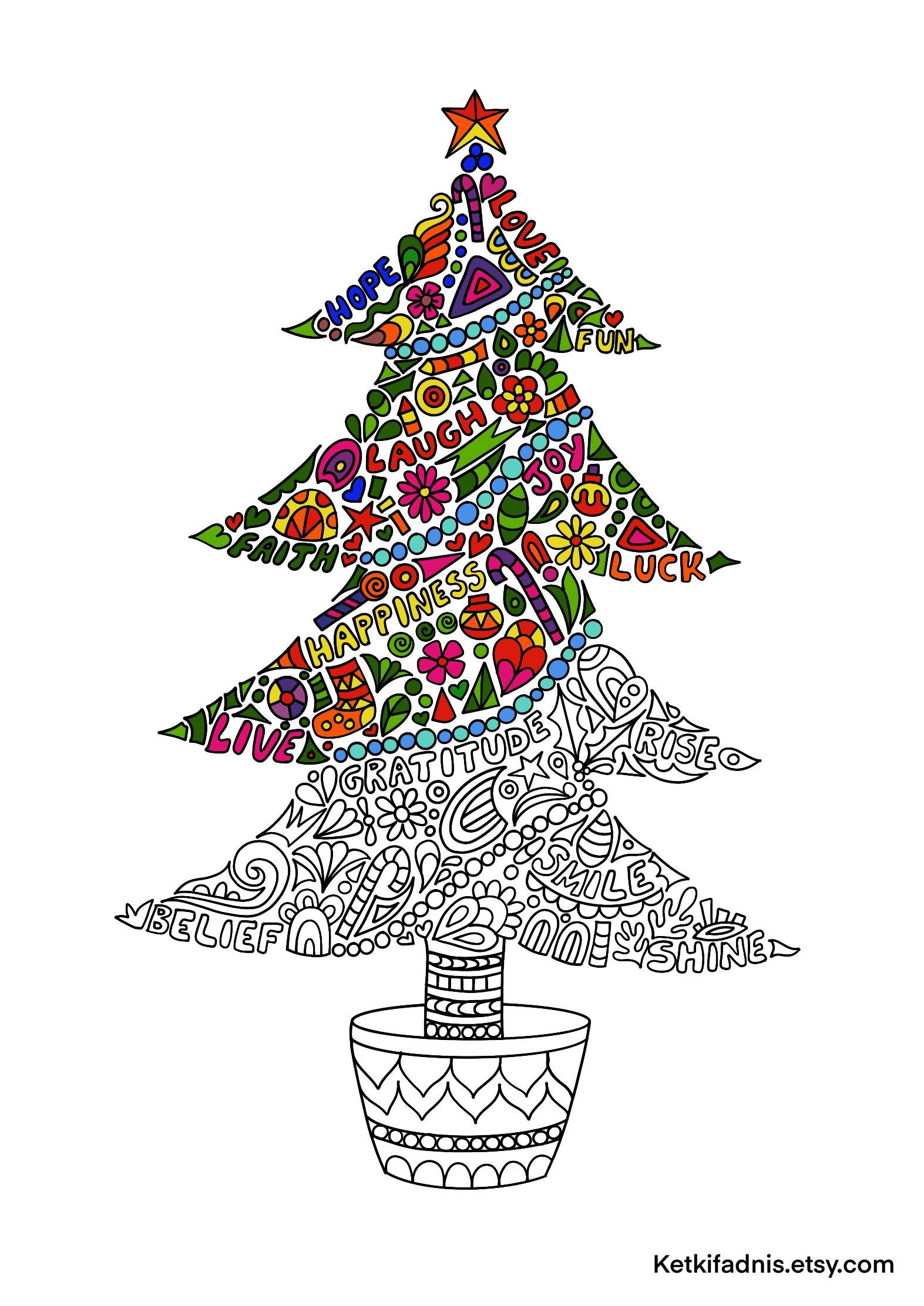 Christmas tree coloring page instant pdf download digital download hand drawn diy coloring page