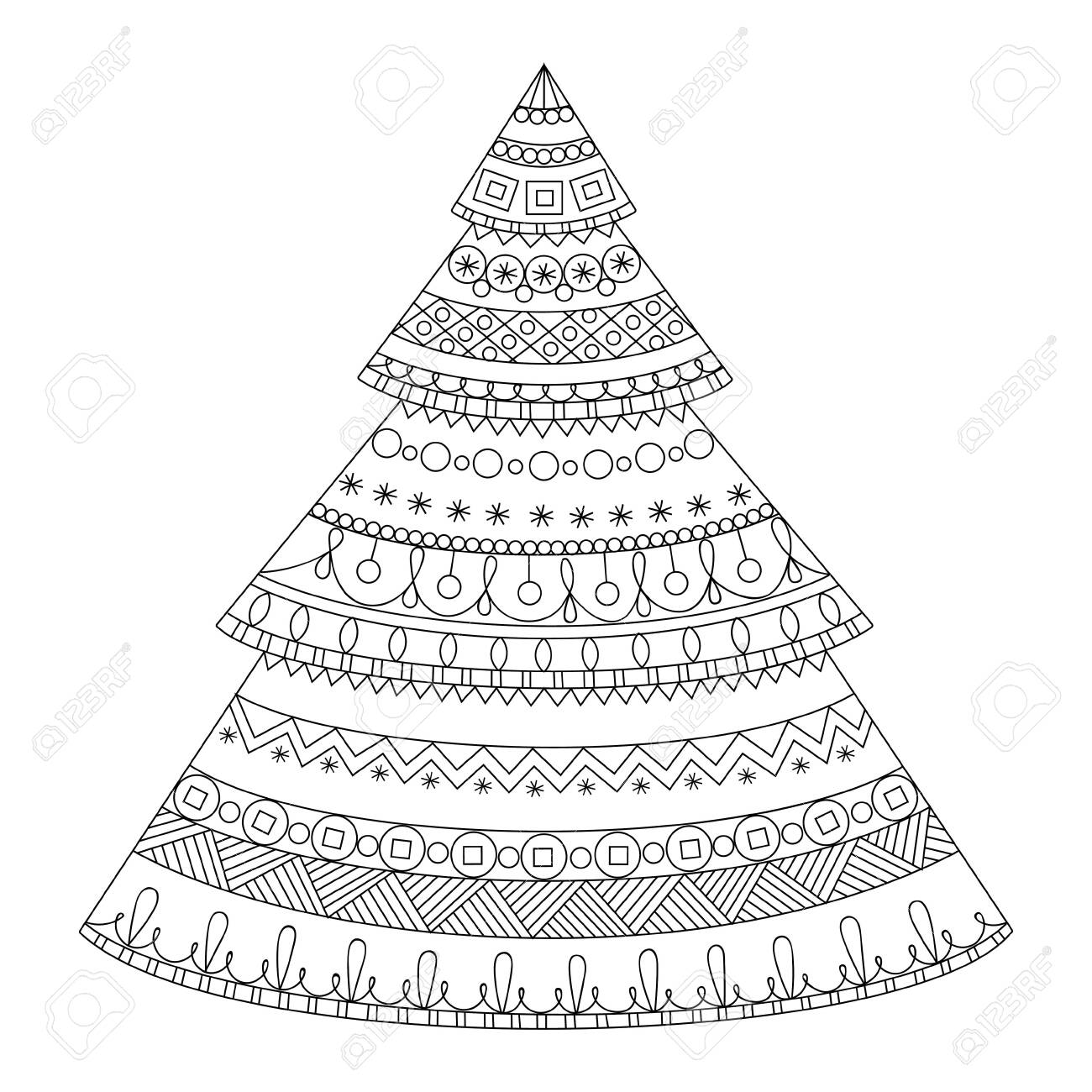 Christmas tree and snowflakes vector illustration for adult and kids coloring book anti stress doodle style black and white sketch royalty free svg cliparts vectors and stock illustration image