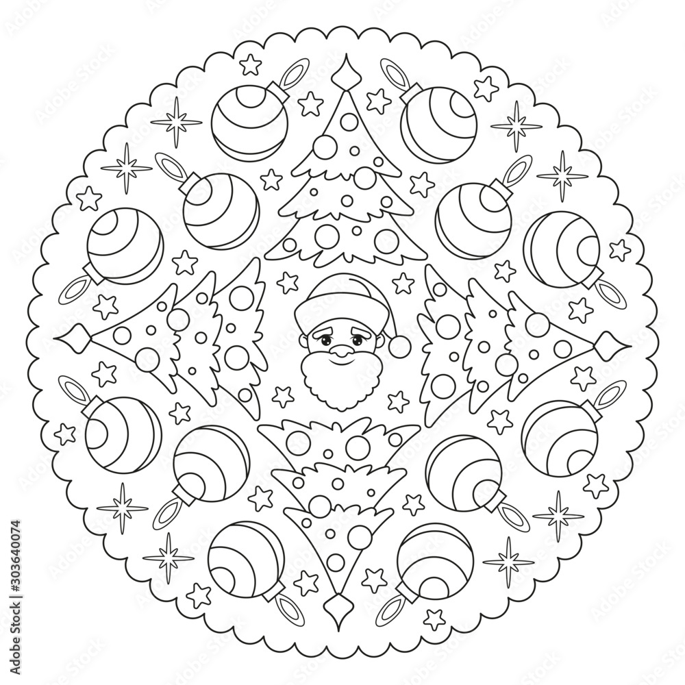 Coloring page mandala for kids with winter christmas and happy new year santa claus christmas tree toys vector illustration vector