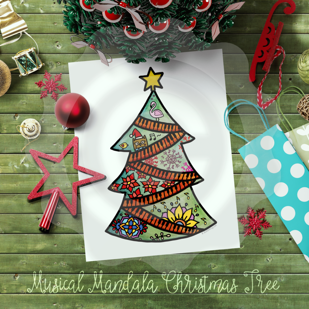 Musical mandala christmas tree poster with bonus coloring page