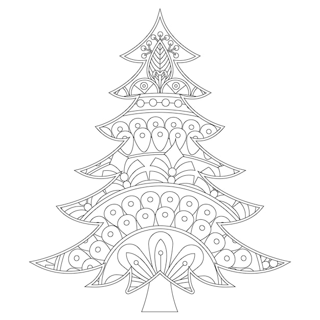 Premium vector christmas tree coloring pages with floral style