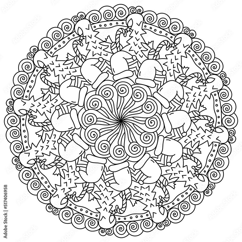 Christmas mandala meditative coloring page with christmas tree and santas hat and ornate patterns vector