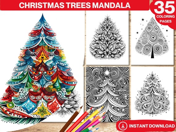 Christmas trees mandala coloring book pdf printable coloring pages simple mandalas stress relief patterns art therapy adult kid