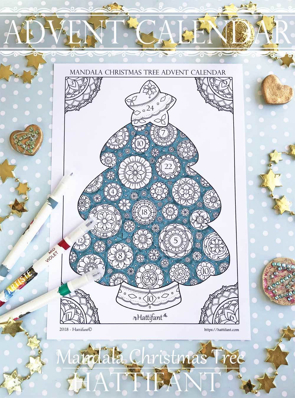 Advent calendar mandala christmas tree coloring page