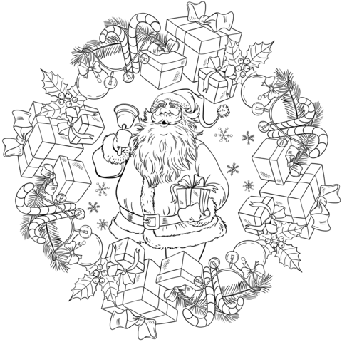 Christmas mandala with santa claus and presents coloring page free printable coloring pages