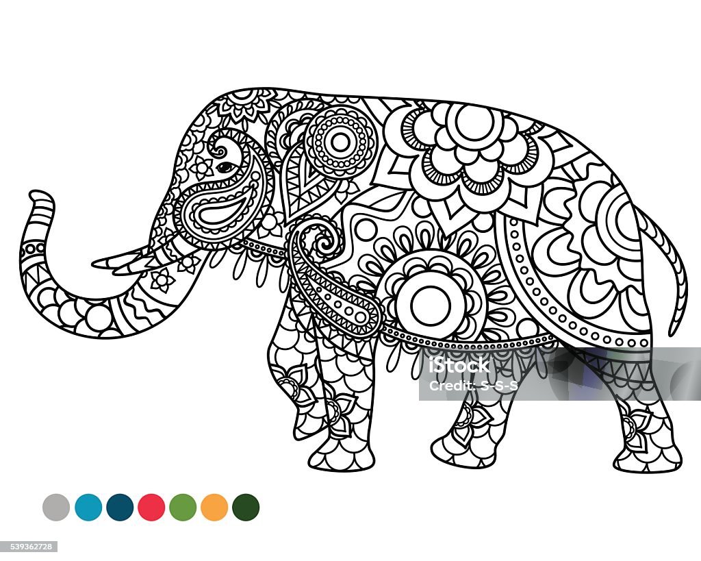 Elephant mandala ornament with colors samples stock illustration