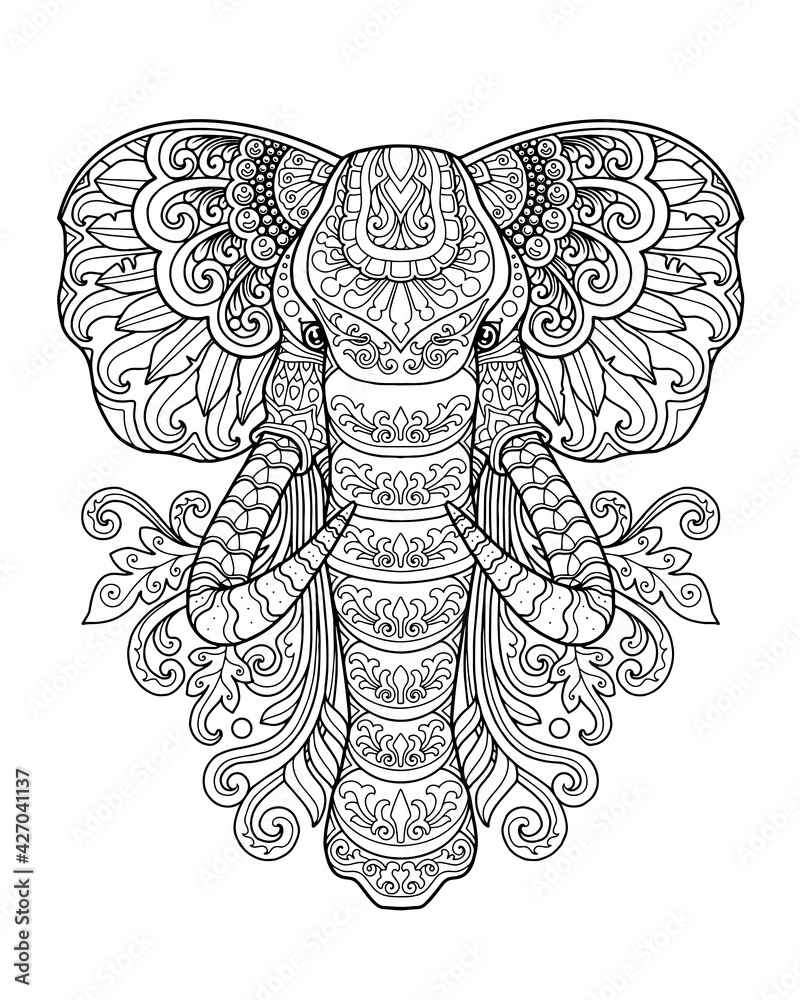 Elephant head mandala design coloring page tattoo design print design vector