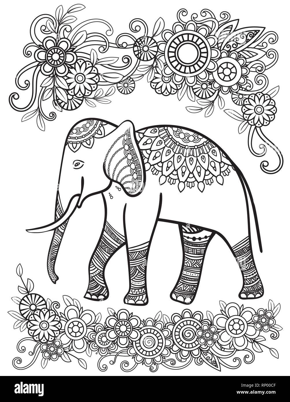 Ethnic elephant line art vector illustration oriental pattern with flowers and mandalas hand drawn vector illustration coloring page for adult coloring book stock vector image art