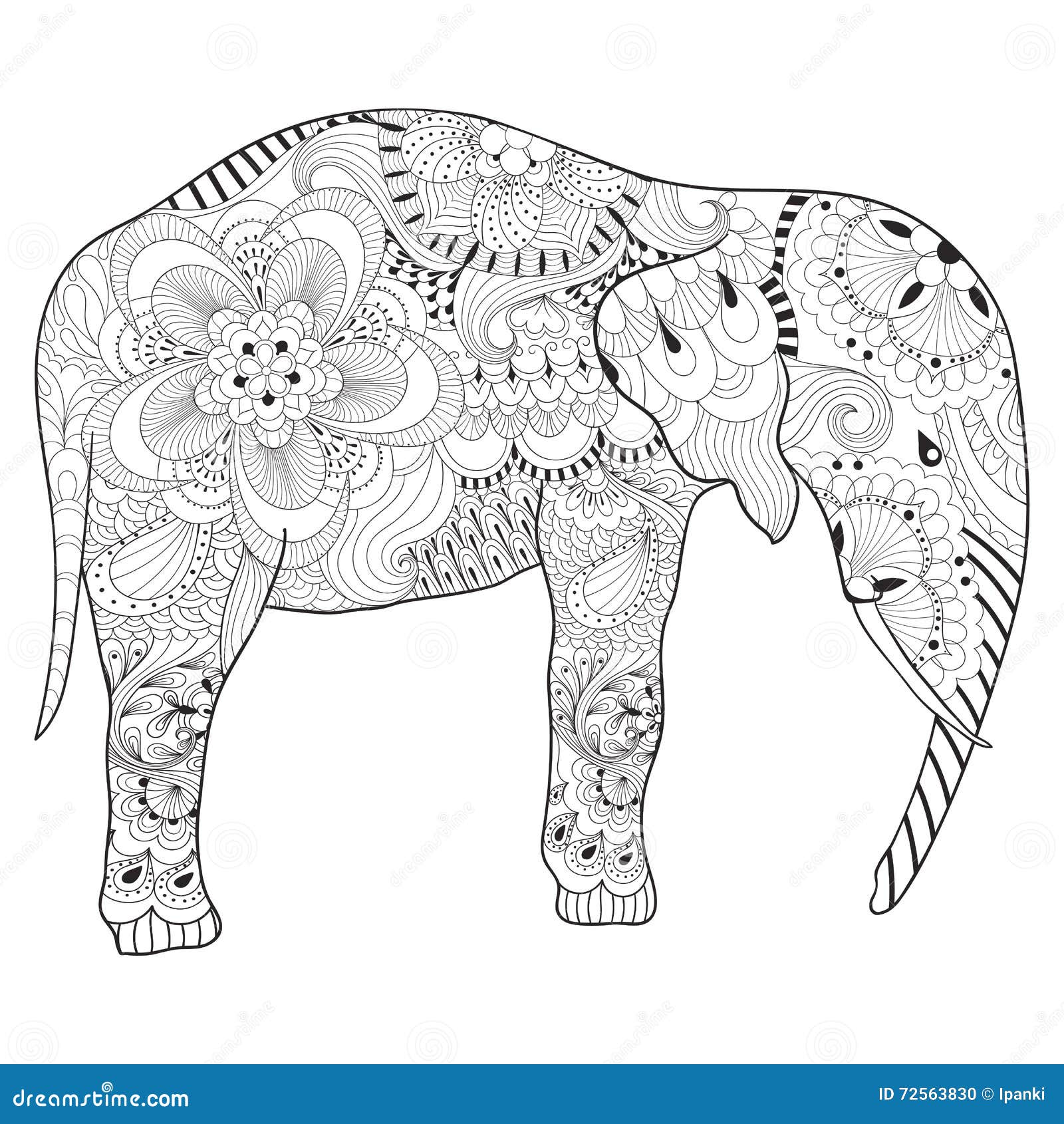 Hand drawn zentangle elephant with mandala for adult antistress stock vector