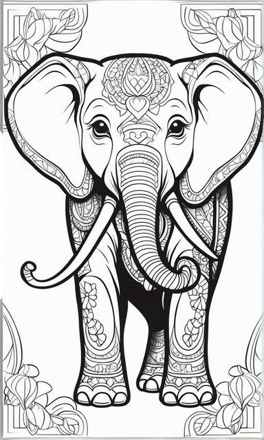 Mandala coloring book clear lines black and white a elephant head in the middle of a mandala black and white