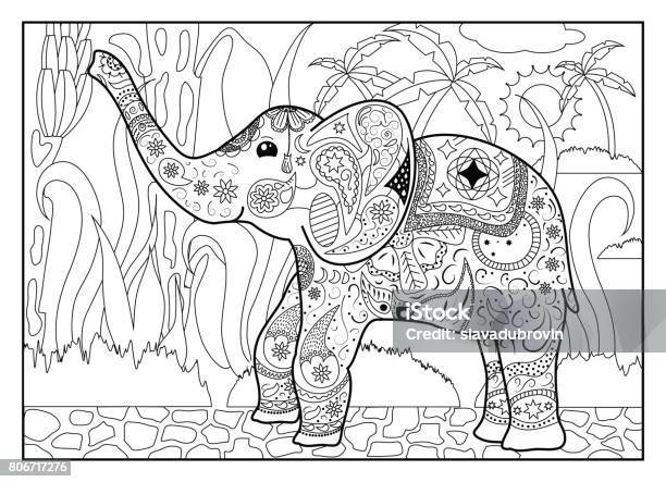 Adult coloring page with elephant stock illustration