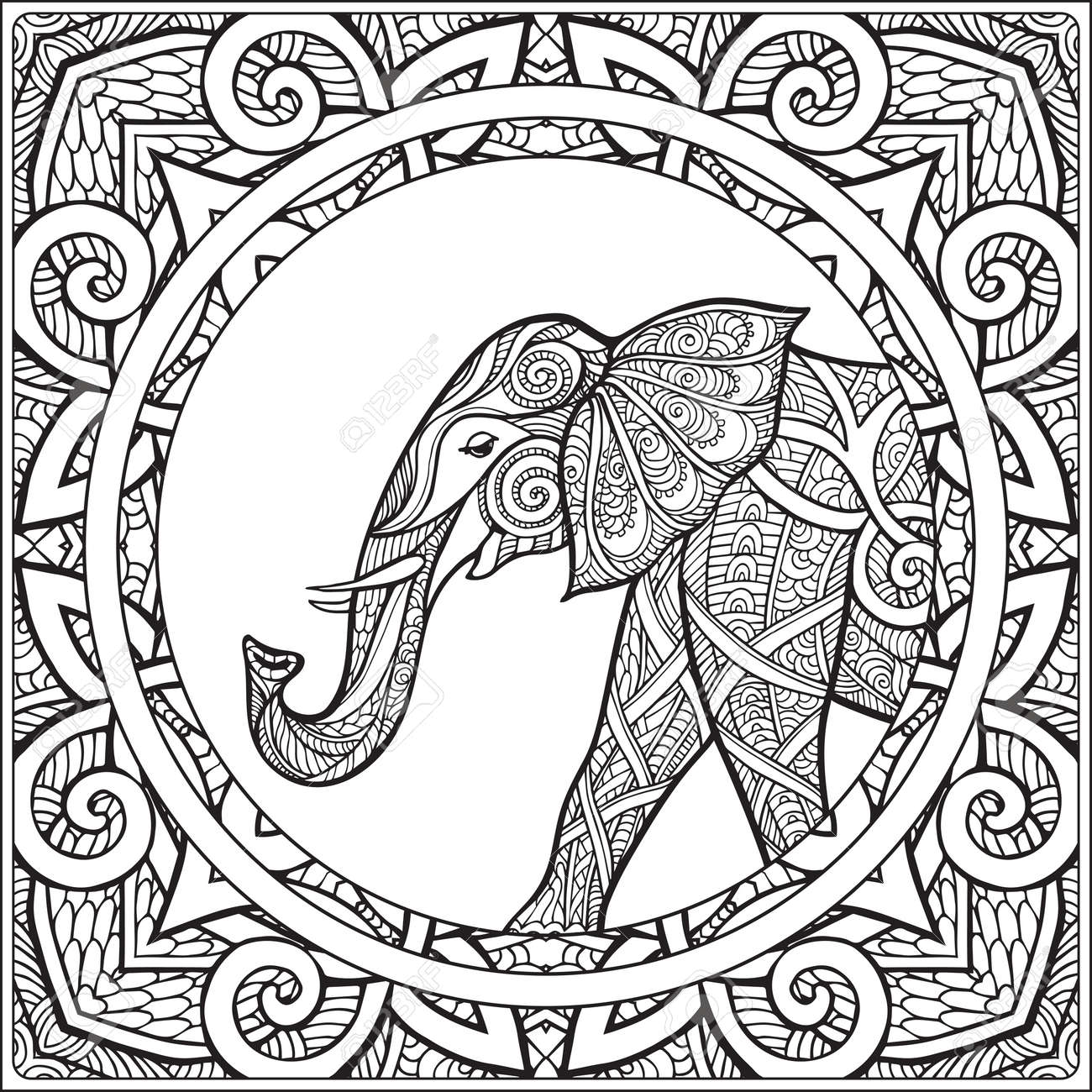 Coloring page with elephant in decorative mandala frame coloring book for adult and older children vector illustration outline drawing royalty free svg cliparts vectors and stock illustration image