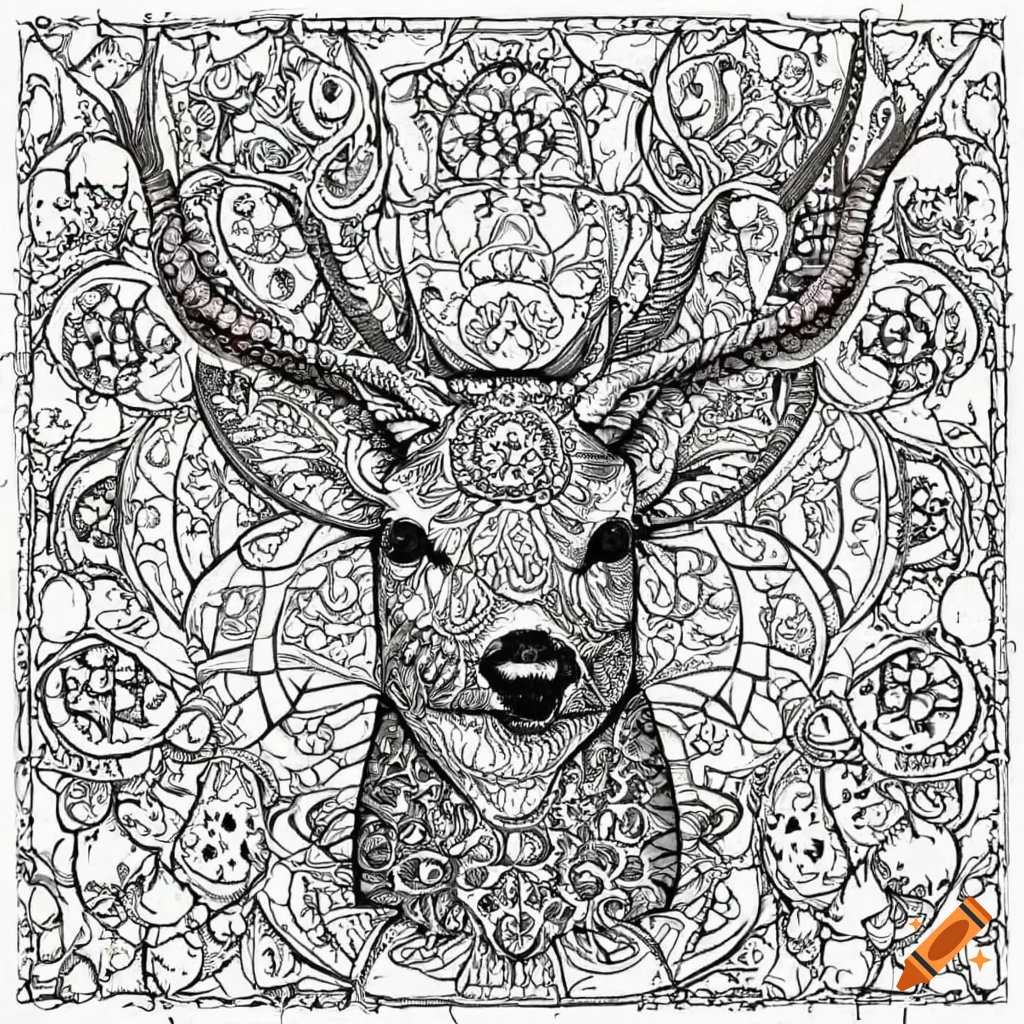 Intricate deer mandala coloring pages for adults with precise fine lines on