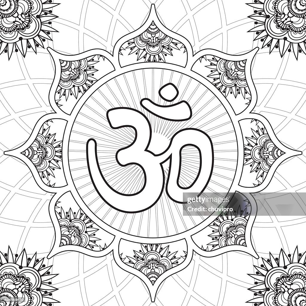 Coloring page lotus flower mandala with aum symbol high