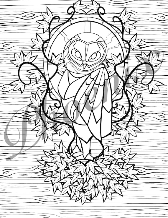 Mosaic style owl adult coloring page printable digital download ivy and barn owl coloring activity sheet for stress relief