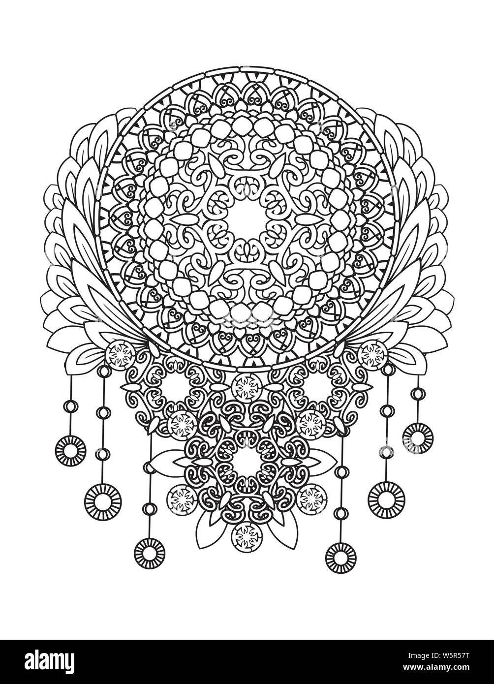 Adult coloring page dreamcatcher with fmandalas and flowers native american indian talisman black and white doodle ornament isolated on white background ethnic design vector illustration stock vector image art