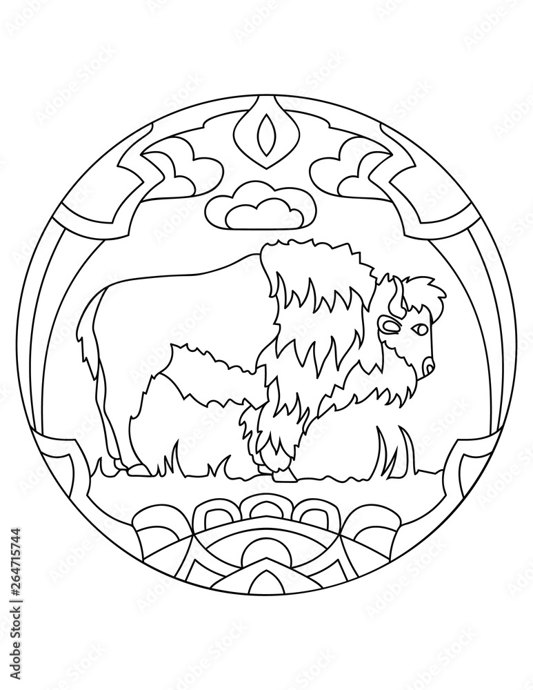 Pattern with buffalo illustration with a beast mandala with an animal coloring page for kids and adults illustration