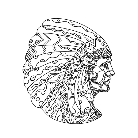 Doodle art illustration of a native american american indian indian or indigenous american the indigenous people of united states wearing war bonnet or headdress in black and white mandala style ù ùùø øªøµù ùù ù