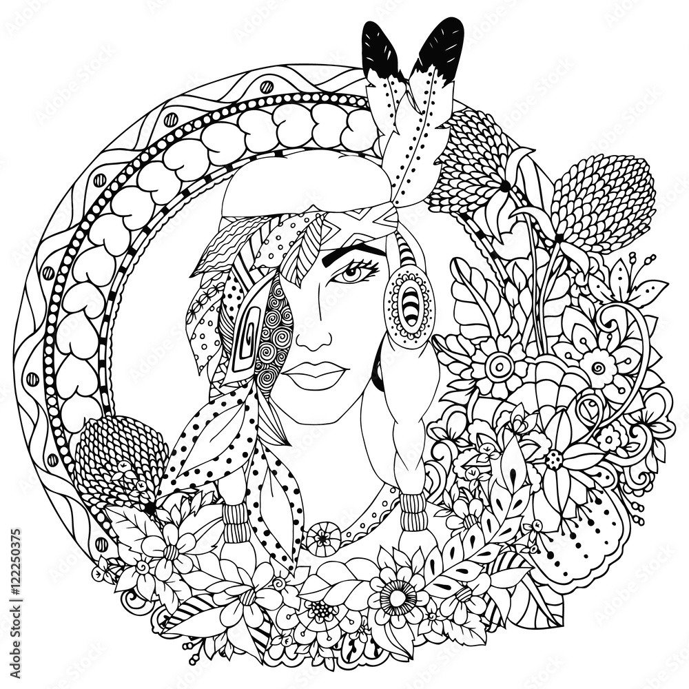 Vector illustration native american girl in round frame doodle floral drawing a meditative exercises coloring book anti stress for adults black and white vector