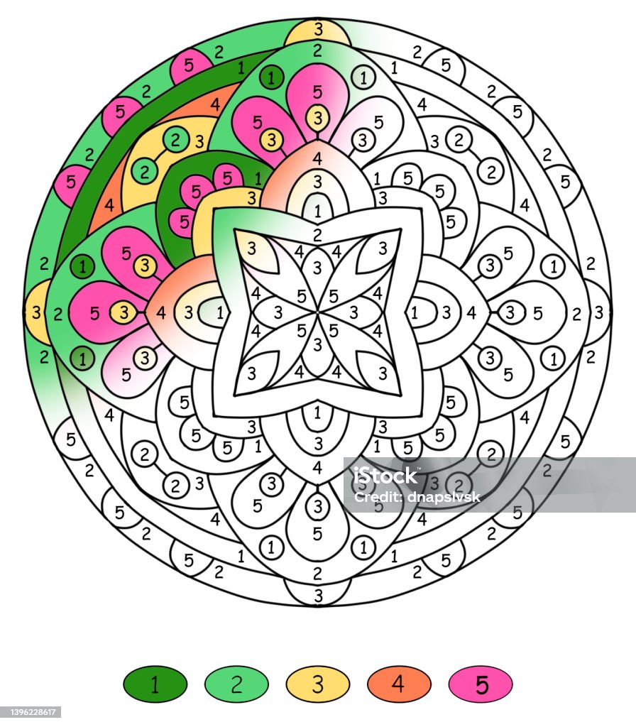 Mandala with numbers for coloring drawn with flowers in folk style with green and pink colors coloring book pages stock illustration