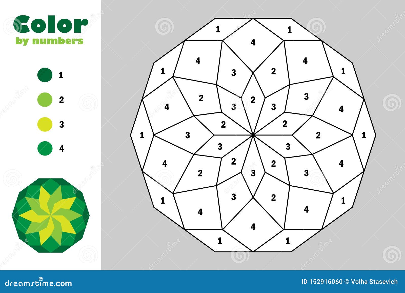 Green mandala in cartoon style color by number education paper game for the development of children coloring page kids stock illustration