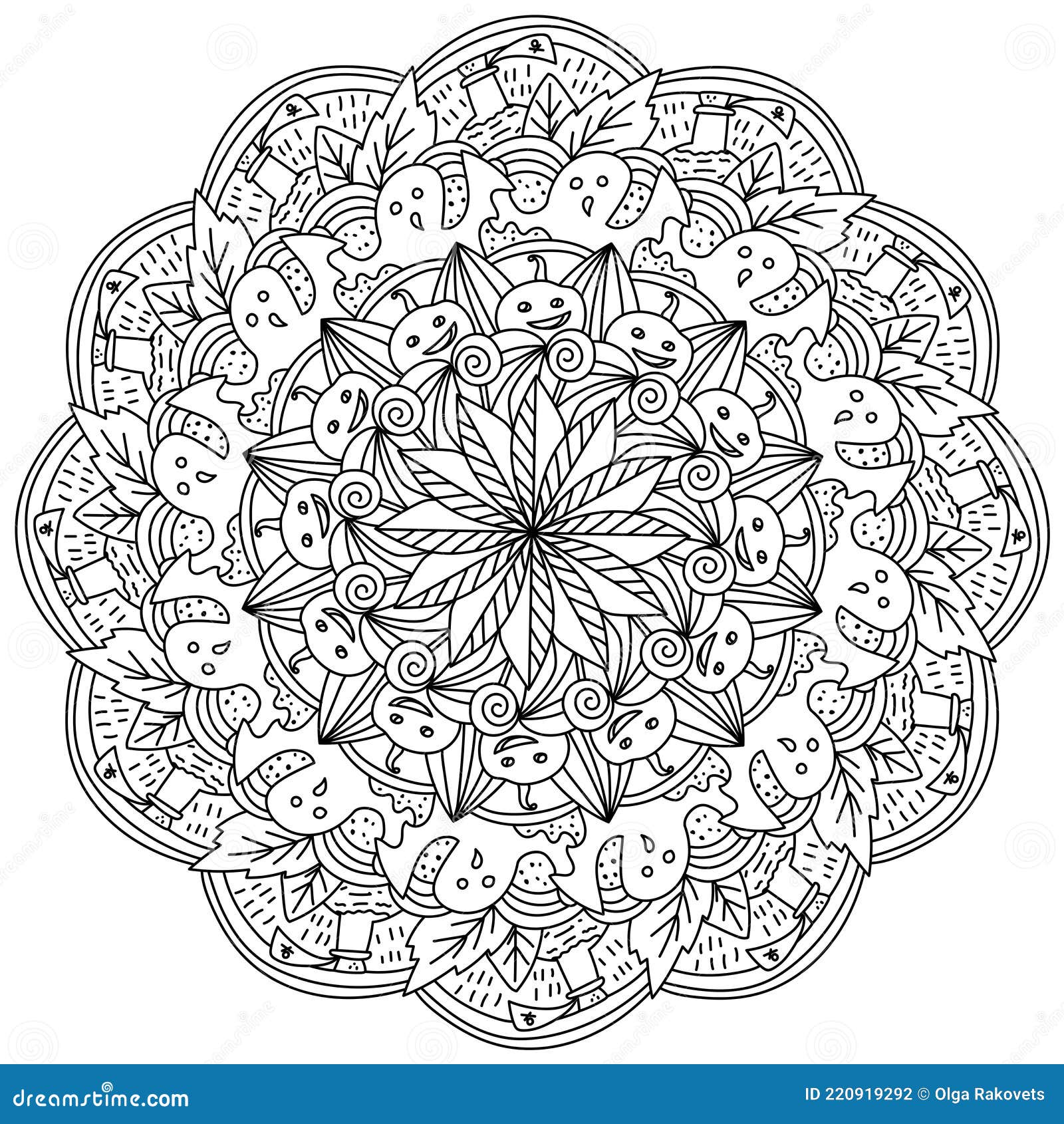 Halloween mandala outline pumpkin and ghost holiday coloring page stock vector