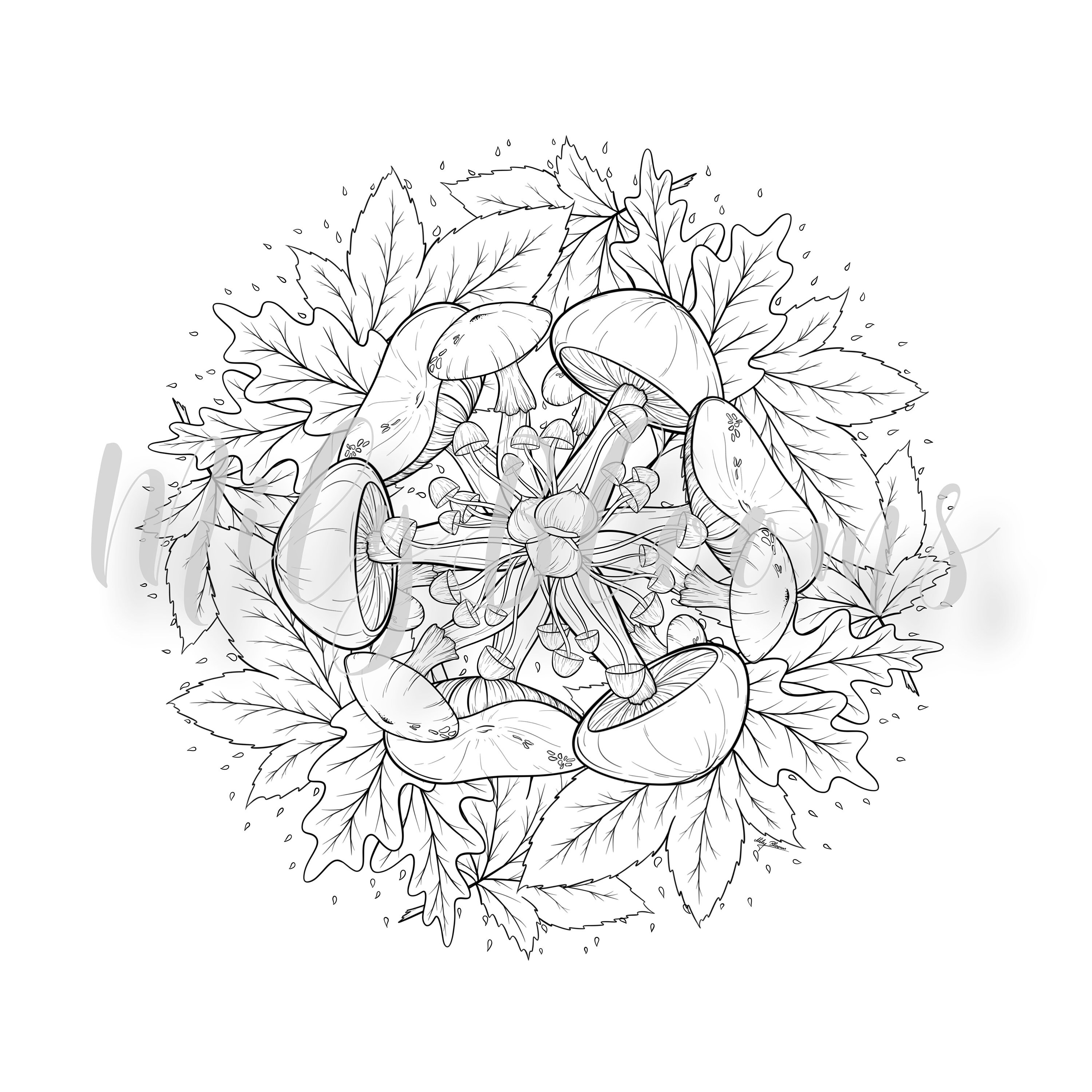 Printable autumn fall coloring page for adults mushroom and leaves mandala jpg png pdf files download now