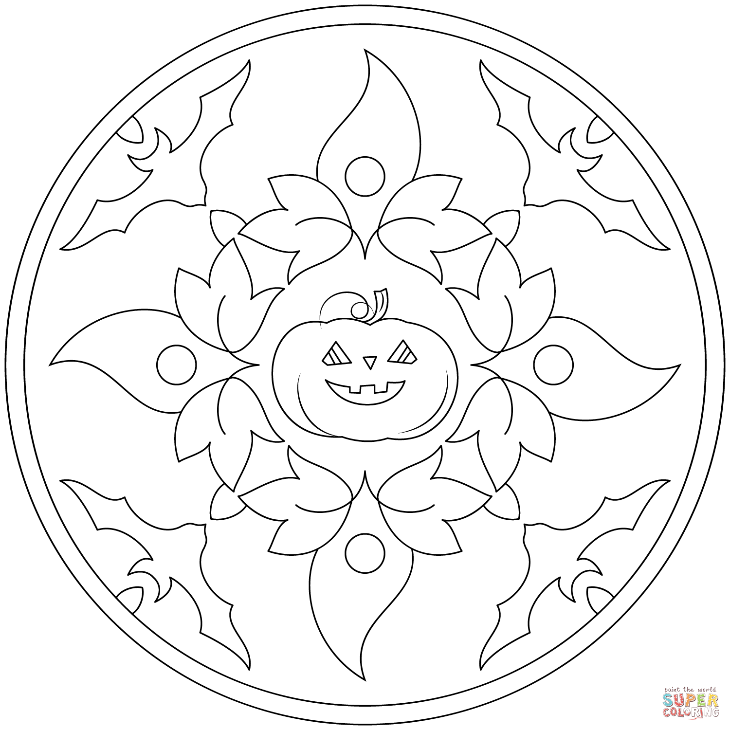 Halloween mandala with bats and pumpkin coloring page free printable coloring pages