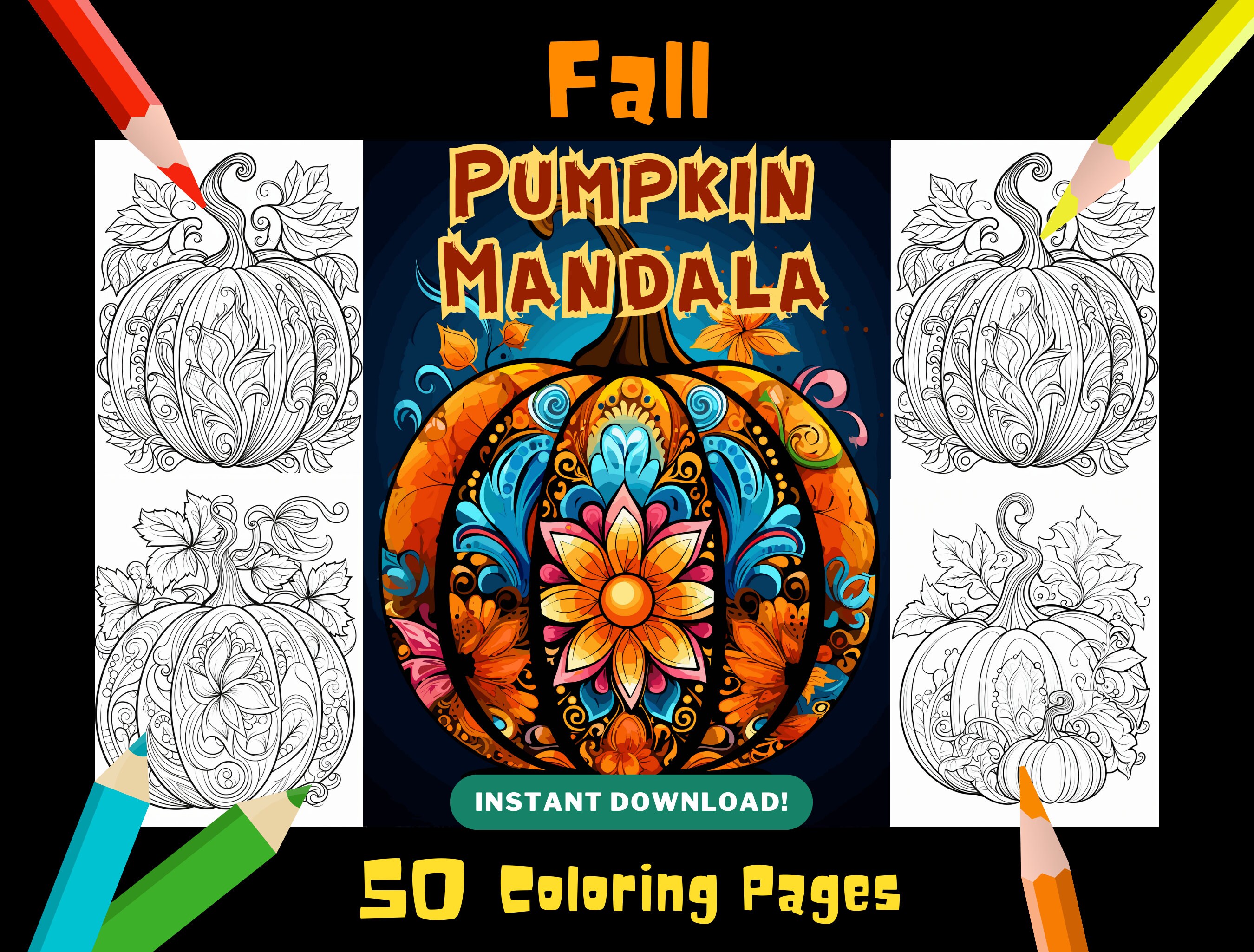 Halloween pumpkin mandala coloring pages for adults fall coloring pages for relaxation digital instant download printables