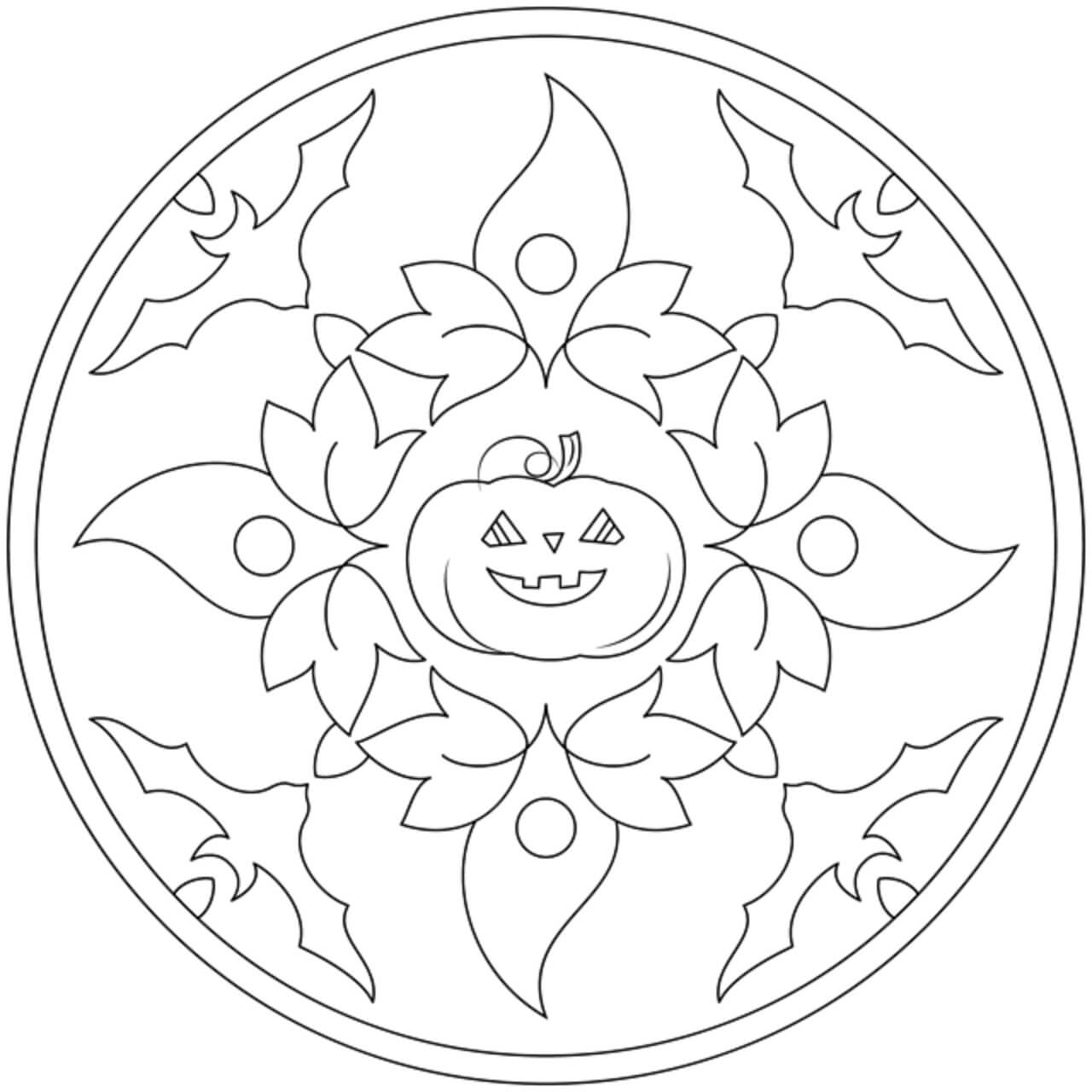 Pumpkin with bats in halloween mandala coloring page