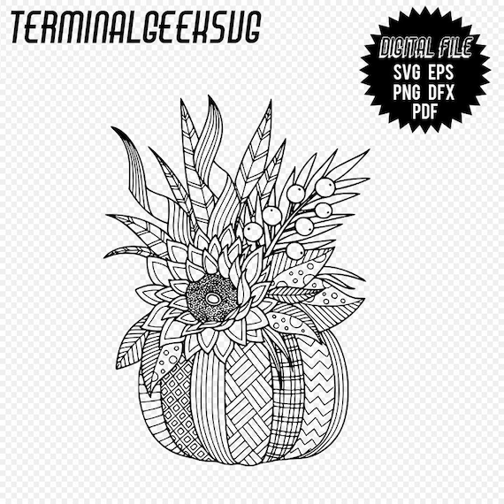 Harvest pumpkin zentangle mandala svg png pdf eps dxf cricut silhouette sublimation adult coloring page